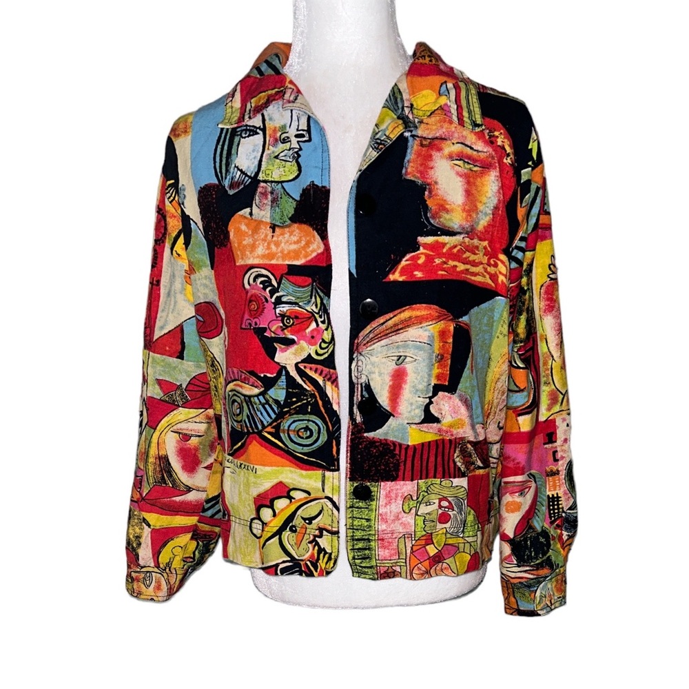 Vintage Picasso Colorful Art Faces Cropped Linen Blend Jacket by Kaktus - M